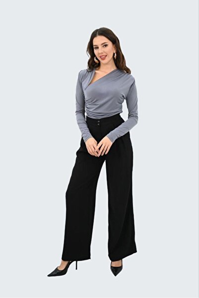 Koza Butik Women's Long Sleeve Asymmetrical Neck Snap Fastener Bodysuit 1875-25