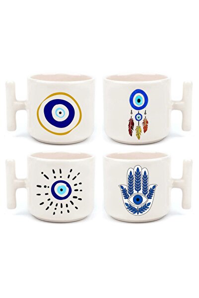 Mio Life Evil Eye Beaded Eye Printed Set of 4 Handmade T-Handled Cups