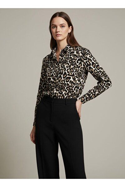 Meşe Moda Women's Leopard Print Classic Collar Long Sleeve Shirt