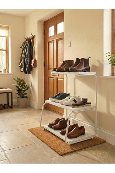 Boss Group Dekoratif 3 Katlı Metal İskeletli Ahşap Ayakkabılık Modern Antre R...