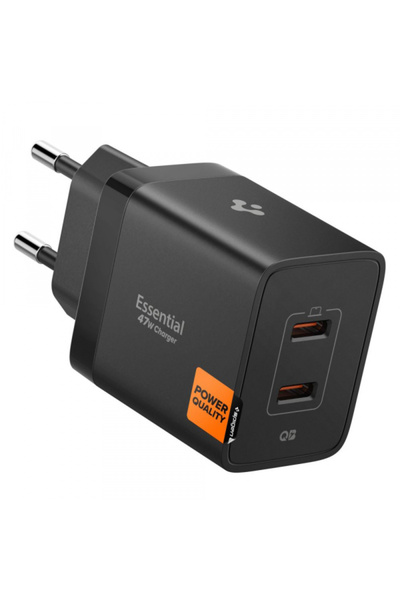 Spigen Essential Power Adapter, 47W, 3A, 2 x USB-C, Black