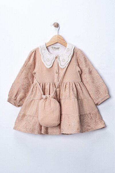 Seramis Girl's Muslin Fabric Dress with Bag 100% Cotton – Collared, Long Slee...