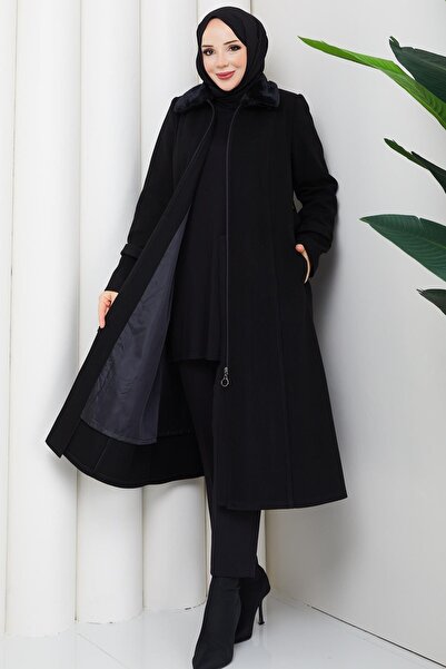 Günay Karaca Büyük Beden Kışlık Kaşe Kadın Kaban Siyah 2608