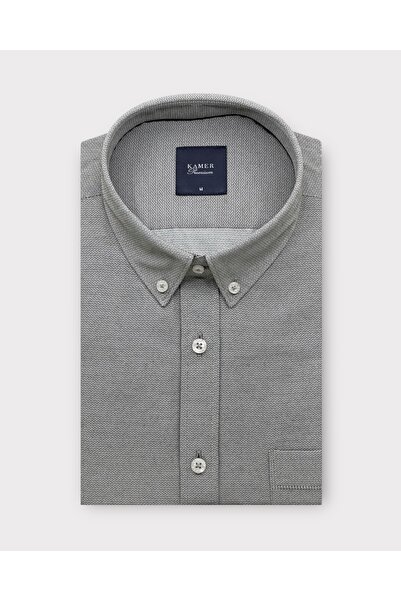 KAMER Regular Fit Long Sleeve Buttoned Collar Dobby Beige Shirt 4078E