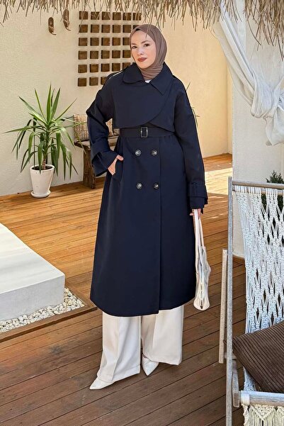 lamelif Pocket Collar Trench Coat Navy Blue
