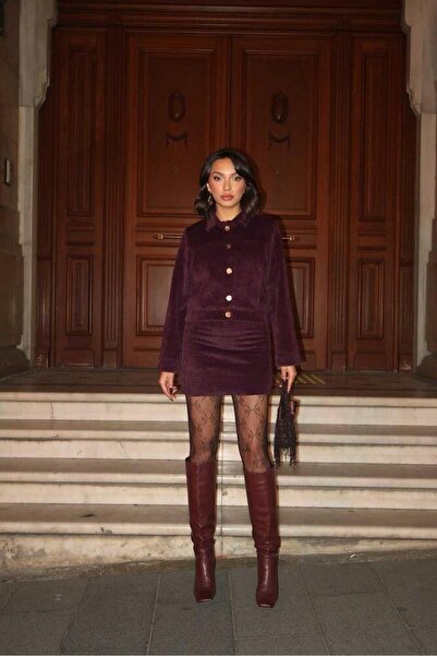 Ecenin Favorileri Plush Buttoned Plum Women's Jacket Skirt Bottom - Top Set