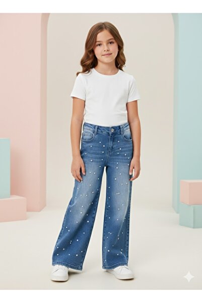 littlestars kids Little Star Kız Çocuk İncili Taşlı Denim Kot Pantolon