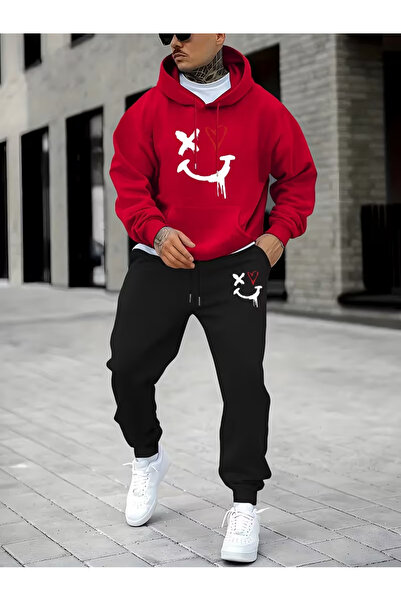 Sweet Cotton Men's Hooded Winter Smıle Printed Tracksuit Set-Top and Bottom Set