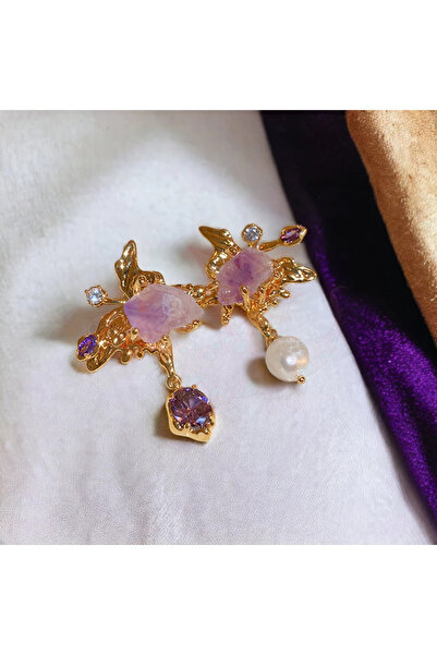 Fluffy Dragon Cercei aurii cu ametist brut, perlă și cristale