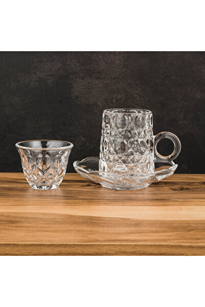 Dania طقم أكواب شاي زجاجية بنقشة كريستالية (12 قطعة: 6 أكواب + 6 صحون) – أناق...