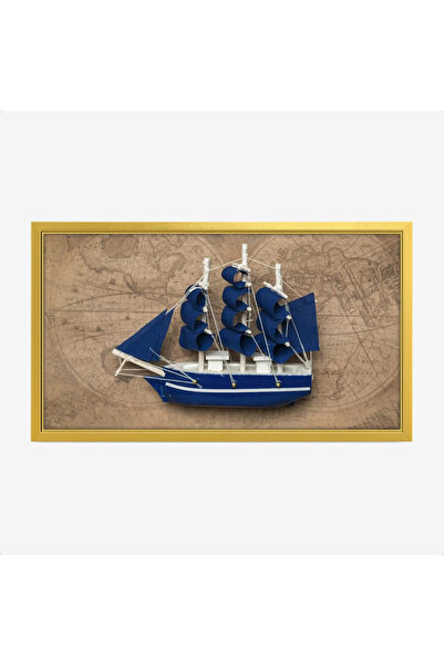 Tajridhome A sea painting with a blue ship against a background of old maps, ...