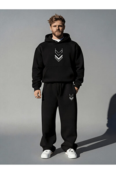 NİCE Vv Printed Men's Baggy Tracksuit Set | Winter Thick 3 Thread Sh Fleece-Lined Wide Leg Sweatpant Bottom Top Set