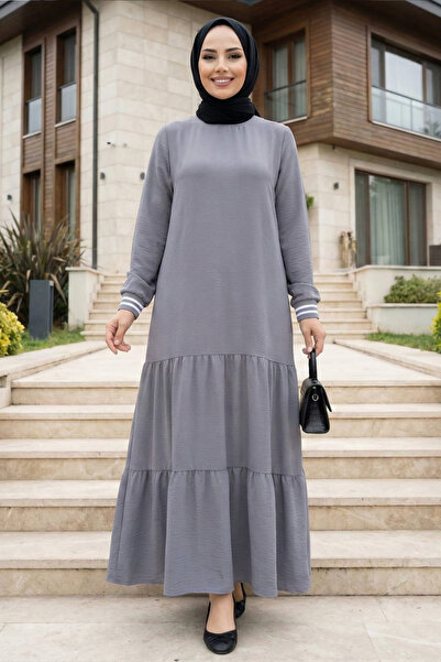 Hb Harma Time Butik Women's Ayrobin Sleeve Ribbed Long Gray Hijab Dress