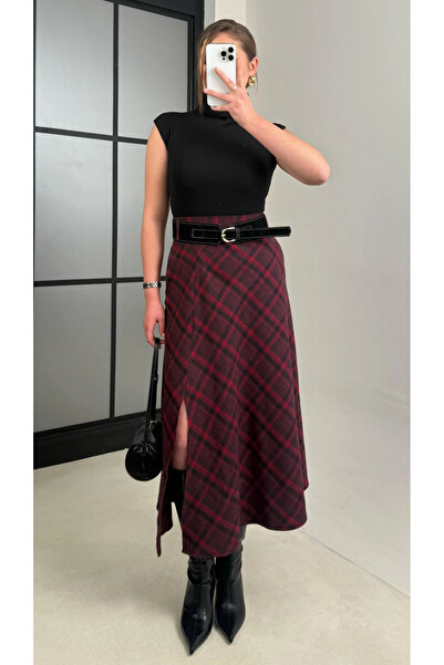 My Blog Fusta în carouri cu fantă cu centură din piele intoarsa Plum bumbac 100% - 3365