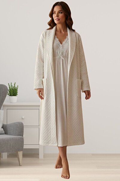 ByLohusa Effortt Ecru Long Quilted Dressing Gown Nightgown Set