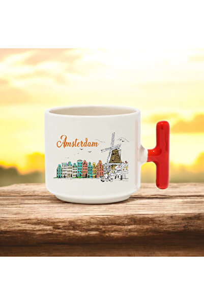 BB TRADE كوب سيراميك بتصميم أمستردام بمقبض أحمر مطبوع سعة 250 مل