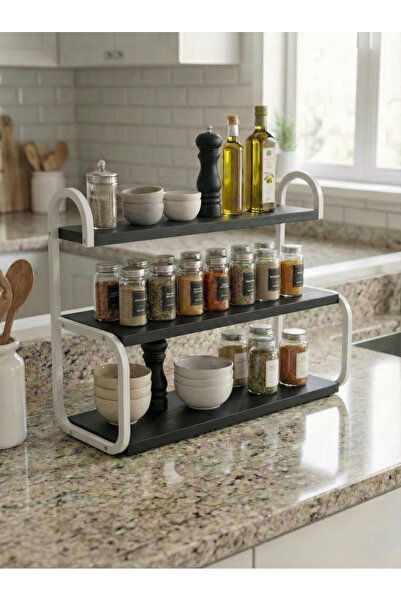 Boss Group Metal Ayaklı 3 Katlı Siyah Mutfak Rafı Tezgah Üstü Stand Baharatlı...
