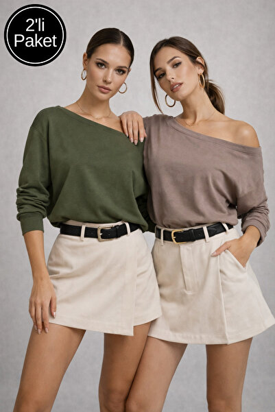 Rich Women's 2-Pack Khaki - Mink Off-Shoulder Modal Blouse