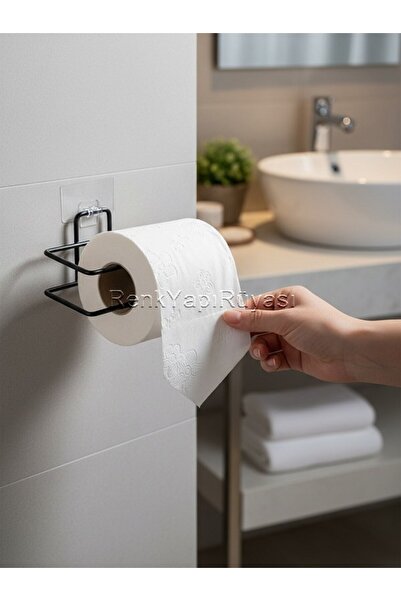 RENK YAPI RÜYASI Adhesive Metal Black Square Toilet Paper Roll Holder Wc Paper Holder