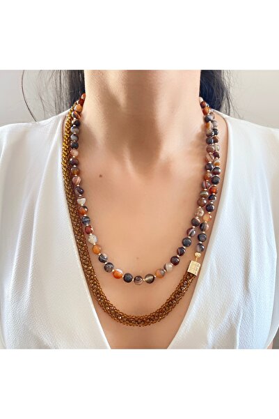 Takkı by Handan Akik taşı ve kristal el örgüsü kolye.