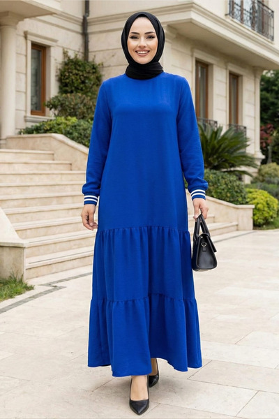 Hb Harma Time Butik Women's Ayrobin Sleeve Ribbed Long Blue Hijab Dress