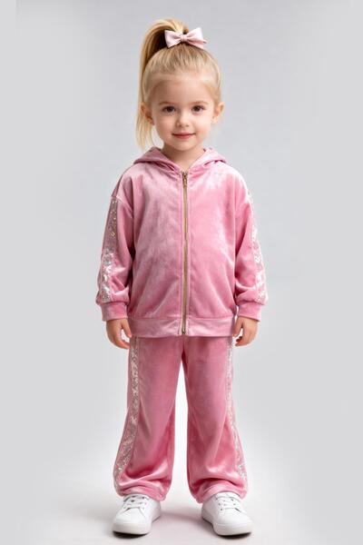 Lmn İNCE KADİFE PUL KULAK DETAYLI FERMUARLI KIZ TAKIM