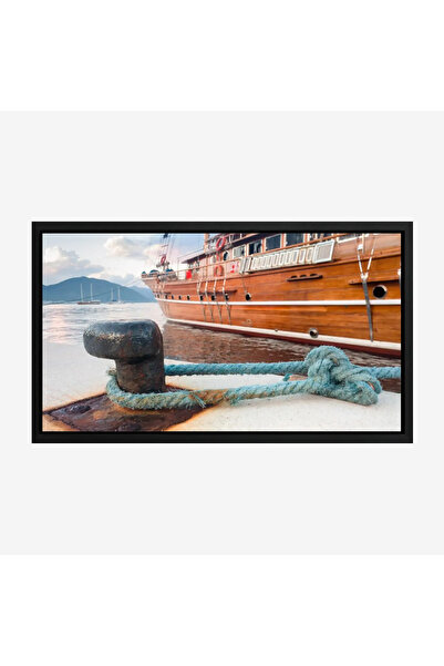 Tajridhome A nautical painting depicting a floating wooden boat in warm colors and a calm atmosphere, reflecting the beauty of the sea, on canvas.