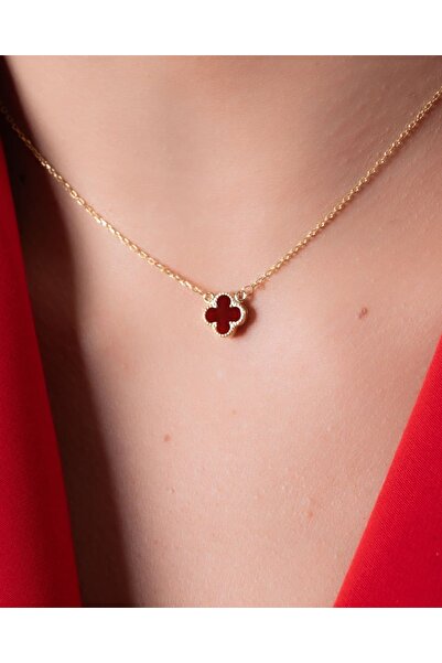 YCL JEWELLERY 8 Ayar Altın Bordo Yonca Figürlü Kolye