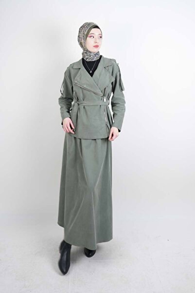 03KIZKULESITEKS طقم حجاب بسحاب جانبي وتنورة تانسيل، طقم مكون من قطعتين باللون...