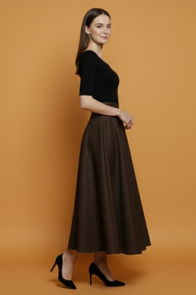 Lesa Wear Winter Patterned Puff Scuba Flared Elastic Long Skirt