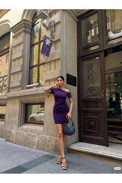 Modafeminen Asimetrik Yaka Mini Davet Elbise 582978 MOR