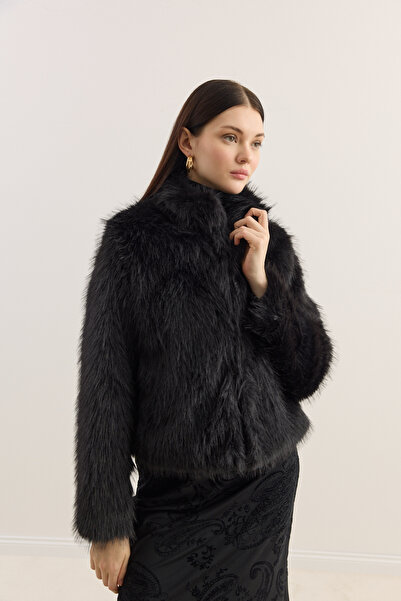 EMNORA Dik Yakalı Premium Kürk Siyah