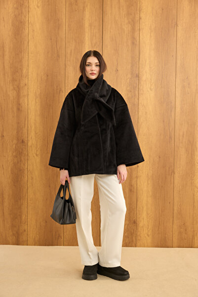 EMNORA Fularlı Oturtmalı Midi Fox Kaban Siyah