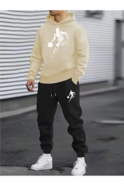 Sweet Cotton Men's Hooded Winter Basktbol Printed Tracksuit Set-Top and Botto...