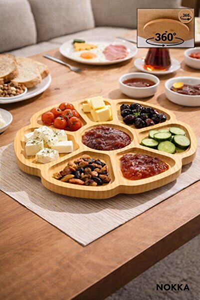 NOKKA Bambu 7 Bölmeli, 360 Derece Döner Tabla, Sunum Tahtası 30x30 cm