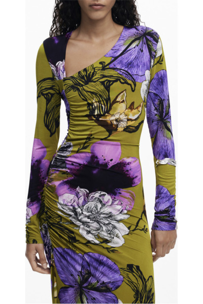 Desigual Long green women's dress, model 25WWVK37, with long sleeves and fantasy print, XS