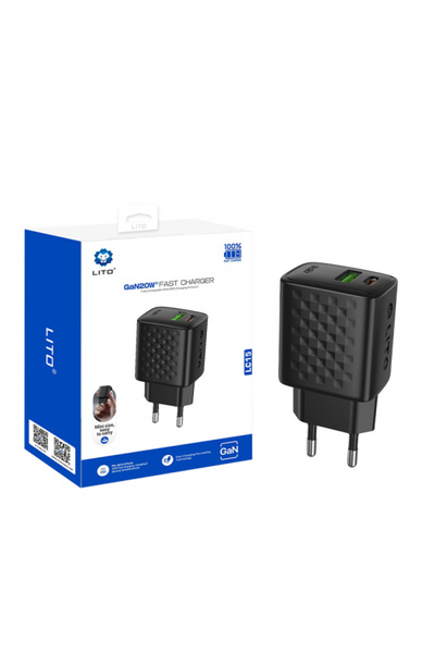 Lito LC15 Power Adapter, 20W, 3A, 1 x USB-A - 1 x USB-C, Black
