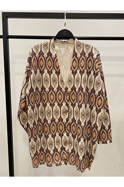 Hatun Atila Digital Printed Patterned V-Neck Buttoned Transitional Knitwear L...