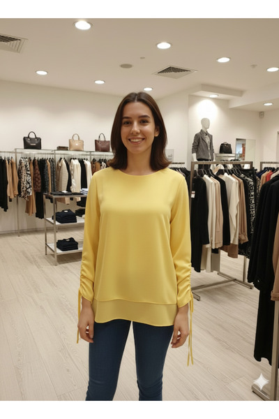 izmoda Kolu Biyeli Bağcıklı Şifon Büyük Beden Bluz