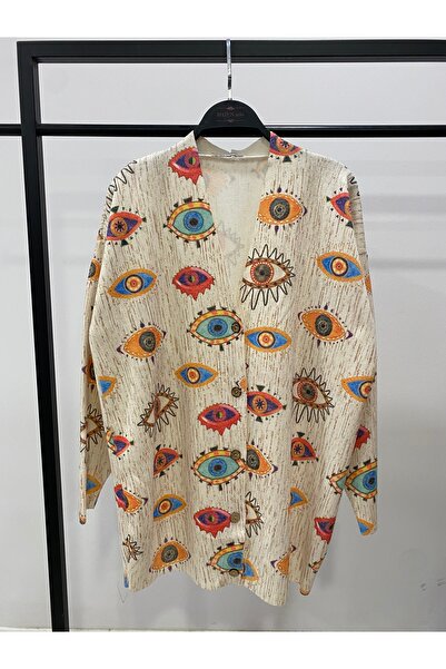 Hatun Atila Digital Printed Patterned V-Neck Buttoned Transitional Knitwear L...