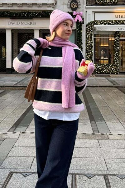 Madmext Pink Crew Neck Striped Knitwear Sweater Mg2643