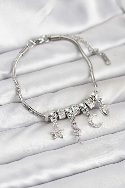 Clariss Pirinç Gümüş Renk Yılan Charmlı Kadın Bileklik