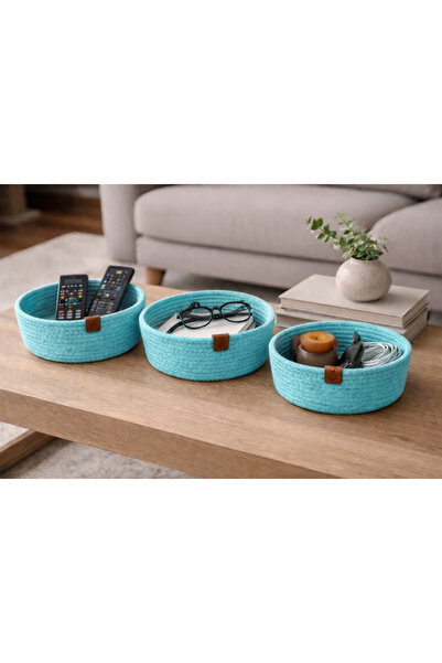 Naspar Set de 3 coșuri din bumbac cu cusături turcoaz – pentru masă, televizo...