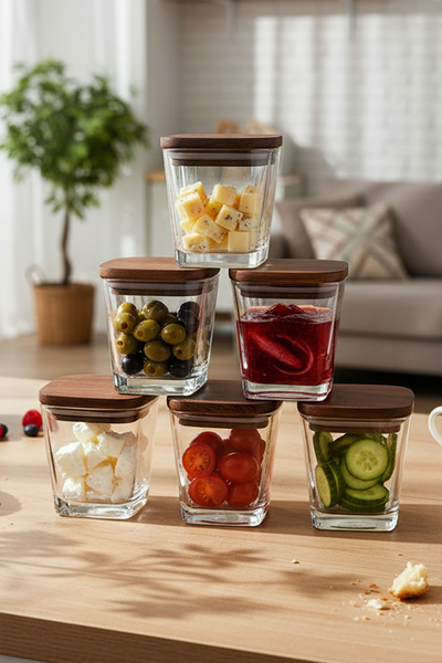 Snippy Prime - 6'lı Ahşap Vakumlu Kapaklı Cam Kahvaltılık Çok Amaçlı Cam Çerezlik 300 ml