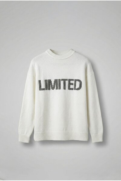 ablukaonline Men's Oversized Limited Embossed Printed Knitwear Sweater Ecru