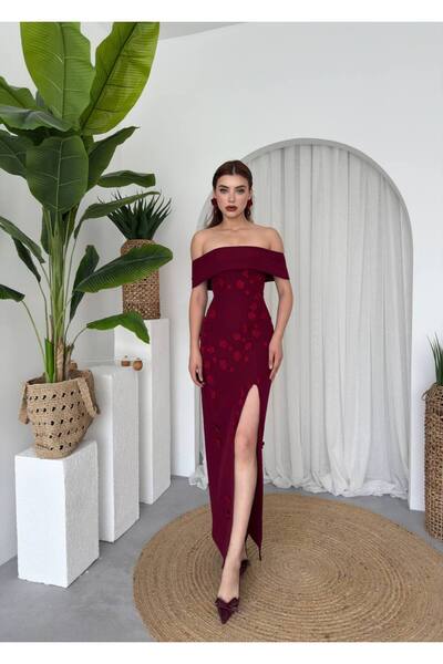 EtikaOnline Kadıni Papatya Detay Madonna Yaka Midi Elbise