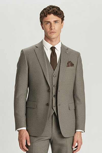 Sabri Özel Kahve Slim Fit Mono Yaka Yelekli Takım Elbise