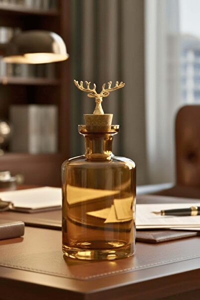 Jenisa 1500 mL. El Yapımı Cam Sürahi Geyik Figürlü Amber Cam Karaf – Mantar T...