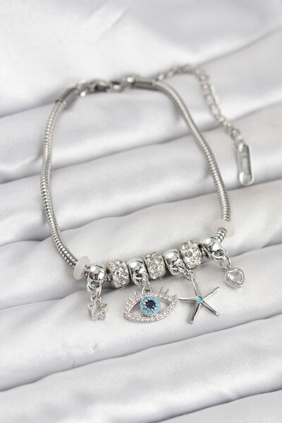 Nehir Brass Silver Color Eye Model Charm Women's Bracelet Valentine's Day Mot...