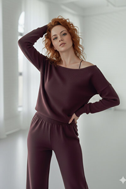 Moda Hour Σετ αθλητικής φόρμας Modal με λεπτομέρεια off-shoulder και φαρδύ πόδι